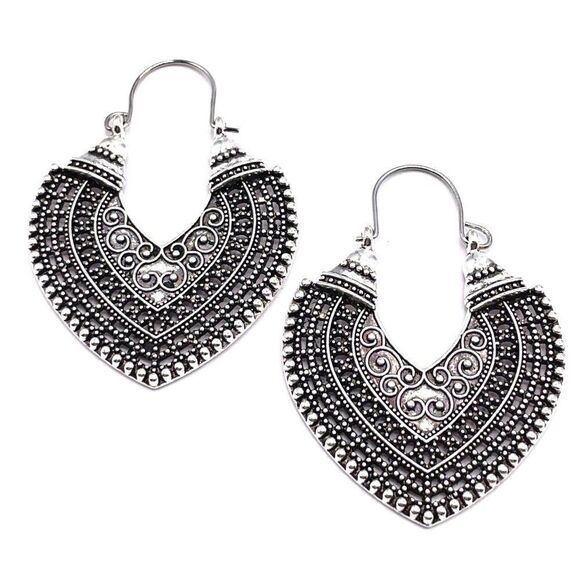Silver Intricately Detailed Boho Dangling Hinged Hoop Earrings - Picture 1 of 6